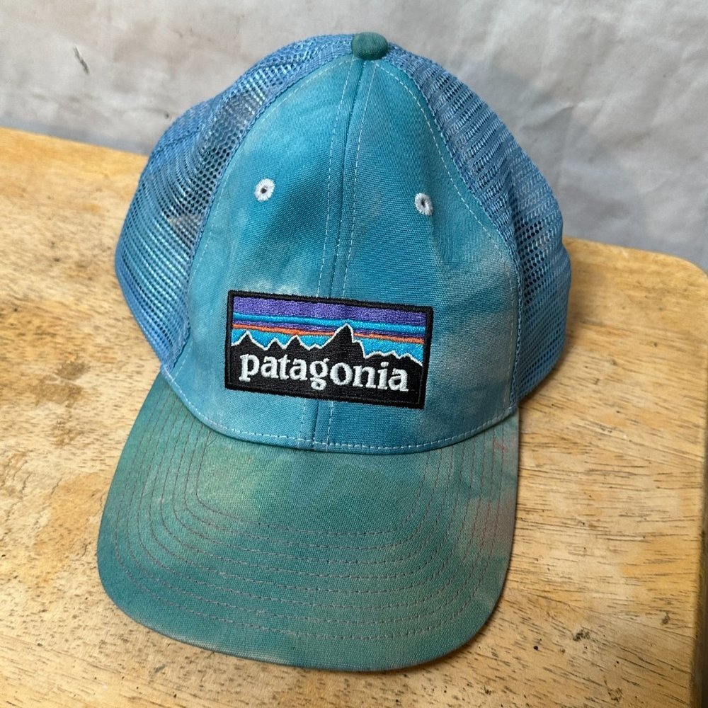 Vintage Patagonia Trucker Hat Snapback Tie Dye Blue Green Distressed Upcycled - Picture 2 of 4